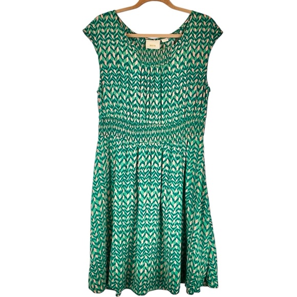 Anthropologie Maeve Evaline Dress Green Peach Chevron Pattern Smocking Sz M - Picture 3 of 13